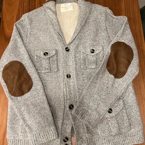 Weatherproof Gray Cardigan with Brown Elbow Patches
